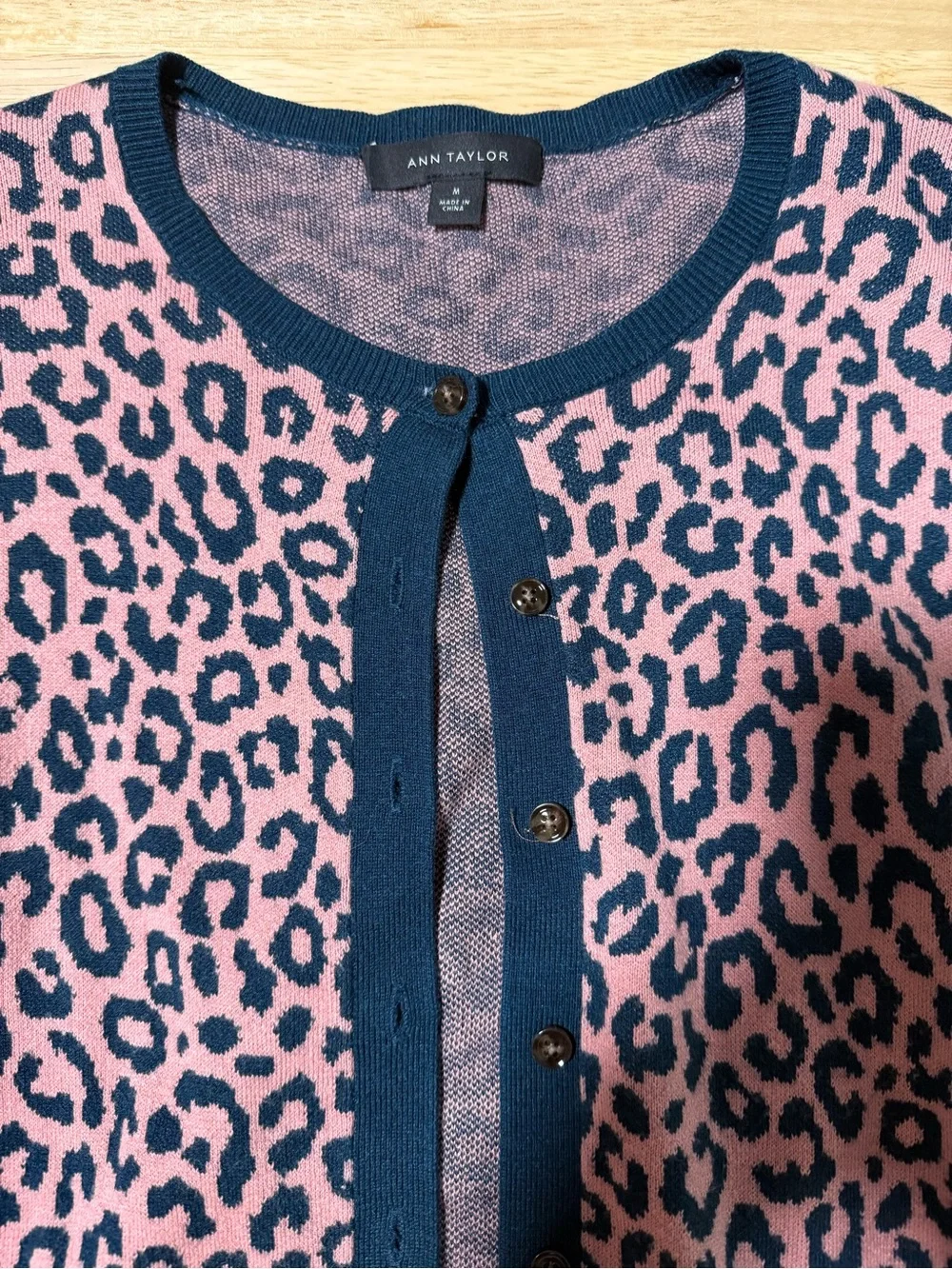 Ann Taylor Women’s Medium Pink Navy Leopard Print Button Cardigan Sweater